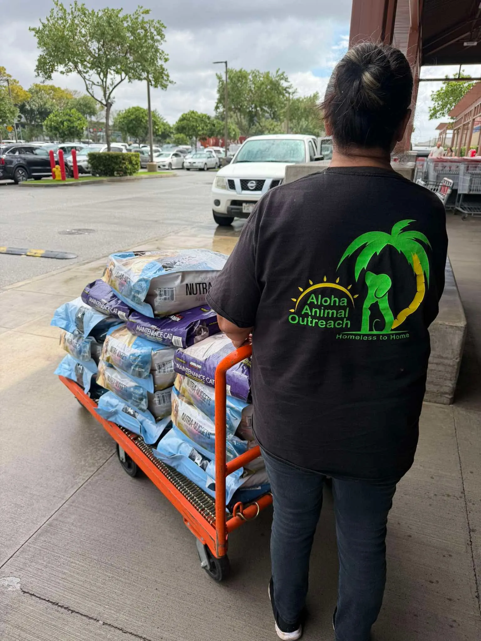 AAO volunteer pushing cart of dog food